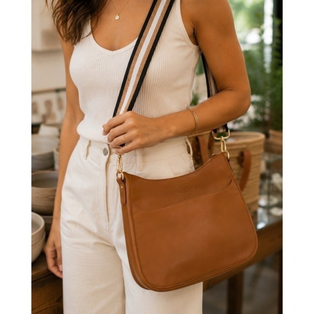 Ah-dorned Messenger Bag Women Large Camel Brown Good Vegan Leather Guitar Strap